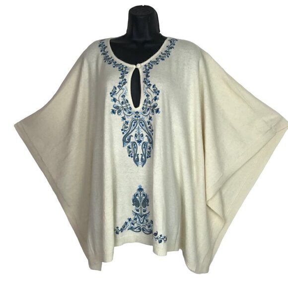 LUCKY Brand Bohemian Poncho With Beautiful  Blue Floral Embroidery Size M/L - Picture 1 of 7